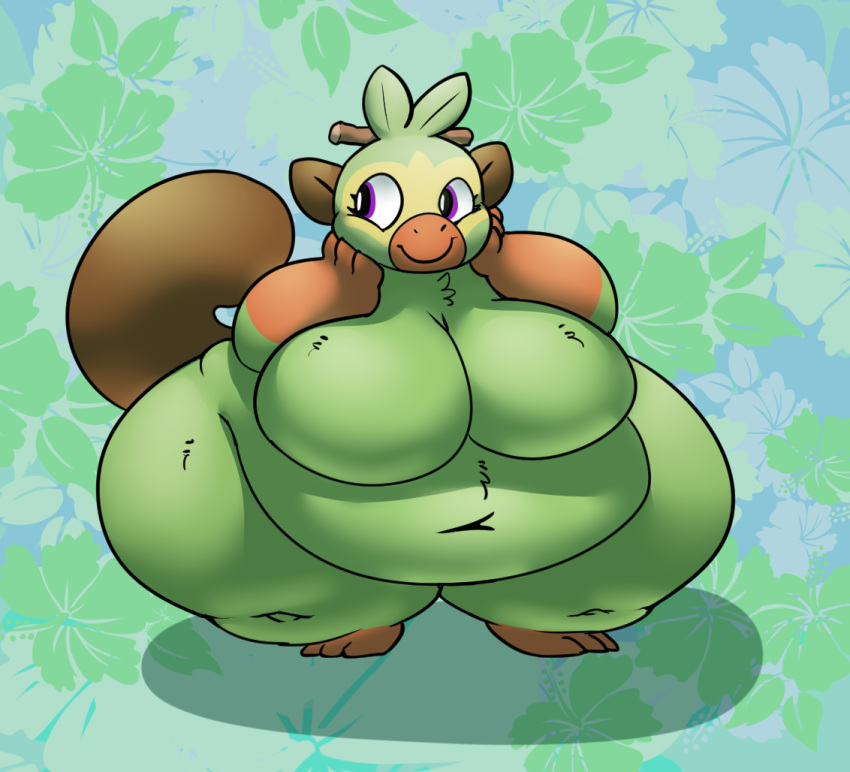 anthro belly breasts feet flower geckomania grookey highres looking_away nipples obese obese_female pokémon_(species) pokemon simple_background smile smiling thick_thighs thunder_thighs