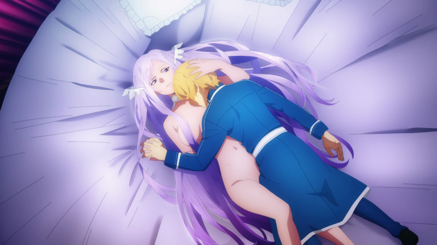 blonde_hair completely_nude covered_nipples covered_pussy divine_slut eugeo goddess hand_on_head interlocked_fingers laying_on_bed long_hair looking_at_another manipulation mind_control naked nude purple_hair quinella_(sword_art_online) seduced seducing seduction seductive short_hair sword_art_online