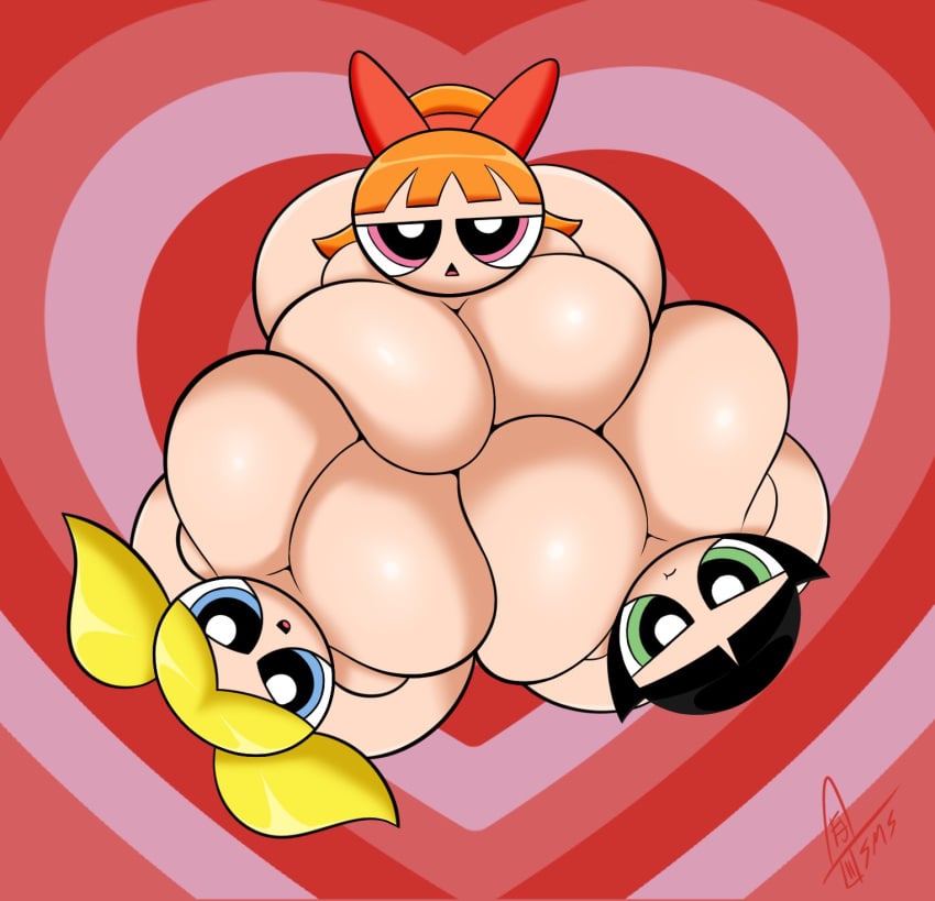 3girls big_ass big_breasts black_hair blonde_hair blossom_(powerpuff_girls) blue_eyes breasts breasts_bigger_than_head breasts_to_breasts bubbles_(powerpuff_girls) buttercup_(powerpuff_girls) cartoon_network cleavage female female_focus female_only green_eyes huge_breasts multiple_girls naked nude orange_hair pink_eyes powerpuff_girls redhead shortstack signature sisters supermoonshroom