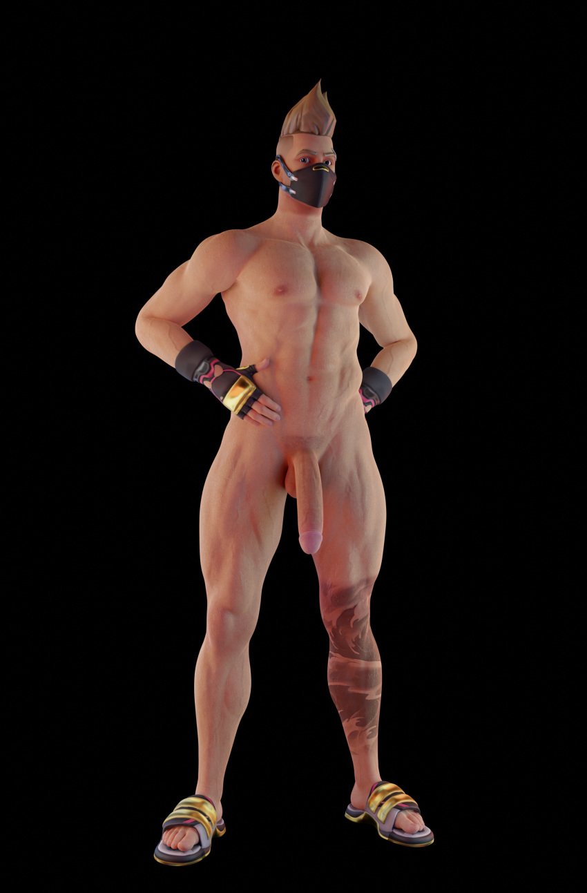 1boy 3d 3d_(artwork) 3d_model drift_(fortnite) face_mask fortnite leg_tattoo male male_only martistot mask muscular muscular_male penis sandals solo solo_male sweat sweaty_body tattoo undercut