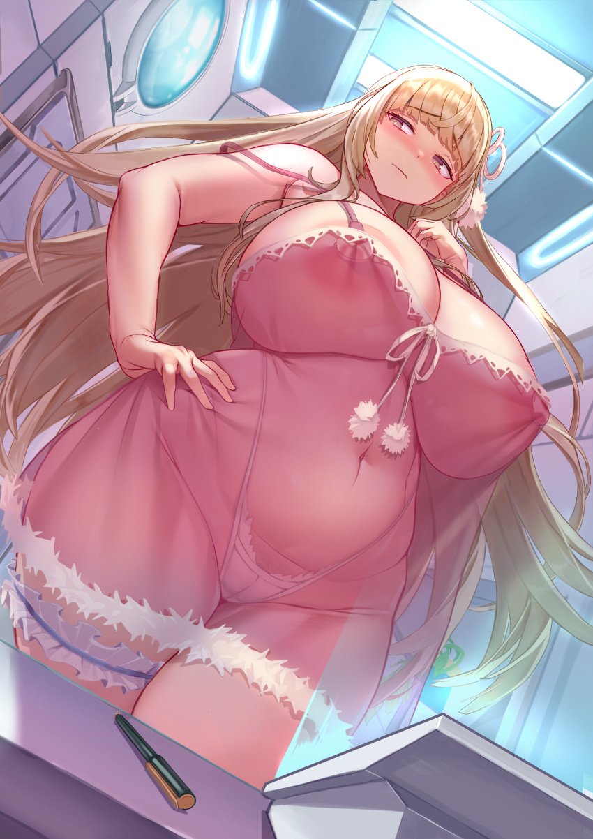 1girls areola_slip big_breasts blonde_hair blush cor369 embarrassed female female_only fur_trim garter hairband hand_on_hip heart-shaped_pupils hi_res highleg_panties huge_breasts large_areolae last_origin leona_of_blood_&_iron lingerie long_hair looking_away low-angle_view negligee nightgown nipples_visible_through_clothing no_bra panties plump see-through_clothing slightly_chubby solo thick_thighs thighhighs wet_skin white_panties wide_hips