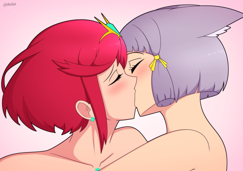 2girls animal_ears bisexual_(female) blush bob_cut catgirl closed_eyes collarbone earring fluffy_ears hair_ribbon implied_nudity kissing lackatask lesbian_kiss light-skinned_female making_out multiple_girls neck nia nia_(xenoblade) nude_female passionate_kiss pyra red_hair short_hair side_view swept_bangs tiara xenoblade_(series) xenoblade_chronicles_2 yuri