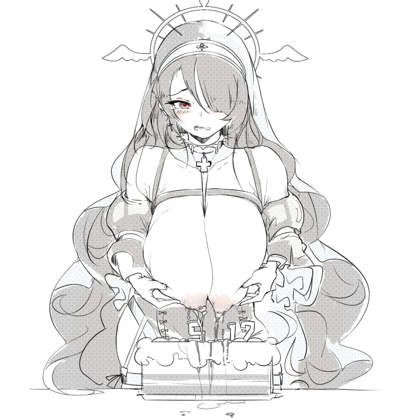 8_ni birthday_cake black_hair blue_archive breast_hold breasts cake female food hair_over_one_eye halo hand_milking hanging_breasts hinata_(blue_archive) huge_breasts lactation long_hair nipples nun red_eyes sisterhood_(blue_archive) solo trinity_general_school_student very_long_hair