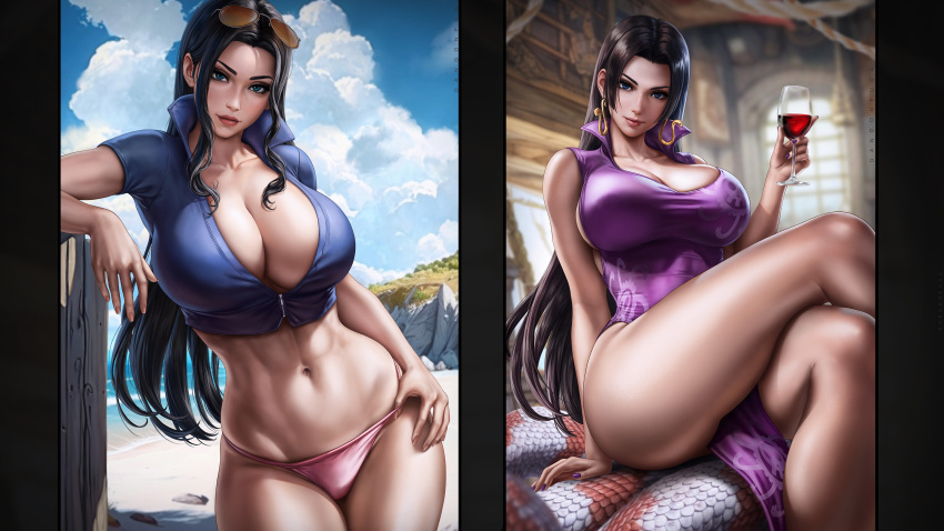 2girls arm_support bare_arms bare_legs bare_shoulders beach big_breasts big_thighs black_hair blue_clothing blue_eyes blue_vest boa_hancock breasts busty cleavage closed_legs clothed clothed_female crossed_legs dandon_fuga earrings eyewear eyewear_on_head female female_focus female_only fingernails fit fit_female huge_breasts large_breasts legs legs_crossed light_skin light_skinned_female long_hair mature mature_female nail_polish nails nico_robin one_piece pink_clothing pink_thong pirate post-timeskip purple_nail_polish purple_nails reptile salome_(one_piece) sitting sitting_down snake standing stomach sunglasses sunglasses_on_head thick_thighs thighs thong tinted_eyewear toned toned_body toned_female toned_stomach tropical vest