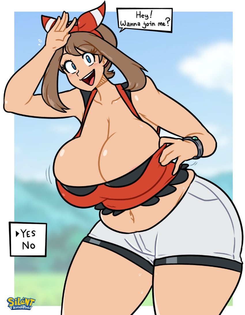 1girls bbw big_ass big_breasts blue_eyes breasts brown_hair huge_breasts may_(pokemon) may_(pokemon_oras) pokemon pokemon_oras short_shorts shorts silenttandem thick_thighs tight_shorts white_shorts