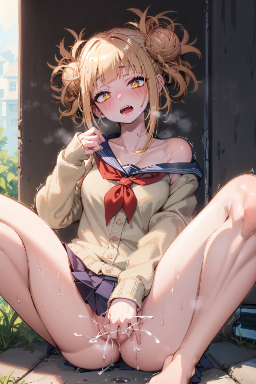 1girls ai_generated bangs bare_legs bare_shoulders barefoot blonde_hair blue_sailor_collar blue_skirt blunt_bangs blush breasts cardigan collarbone day double_bun fangs feet female female_masturbation female_only fingering grass hair_bun heavy_breathing himiko_toga knees_up legs long_sleeves looking_at_viewer masturbating masturbation medium_breasts messy_hair my_hero_academia ninerniner no_panties off_shoulder open_mouth outdoors pleated_skirt pussy pussy_juice red_neckerchief sailor_collar saliva school_uniform serafuku short_hair sidelocks sitting skirt solo spread_legs stable_diffusion sweat teeth thighs yellow_cardigan yellow_eyes