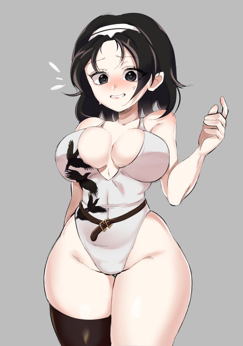 adapted_costume black_eyes black_hair blush breasts cleavage hairband heart-shaped_pupils huge_breasts johwa jun_kazama kazama_jun leotard namco nervous nervous_smile nervous_sweat simple_background teeth tekken tekken_2 tekken_8 tekken_tag_tournament tekken_tag_tournament_2 thick_thighs thighhighs thighs white_sclera