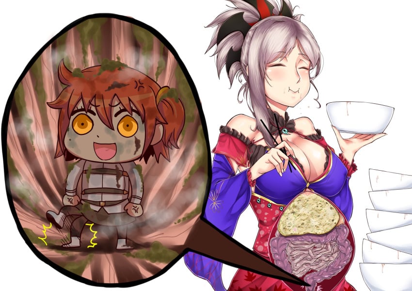 belly_bulge fujimaru_ritsuka_(female) internal_organs intestines miyamoto_musashi_(fate) rectum red_hair scat vore white_hair