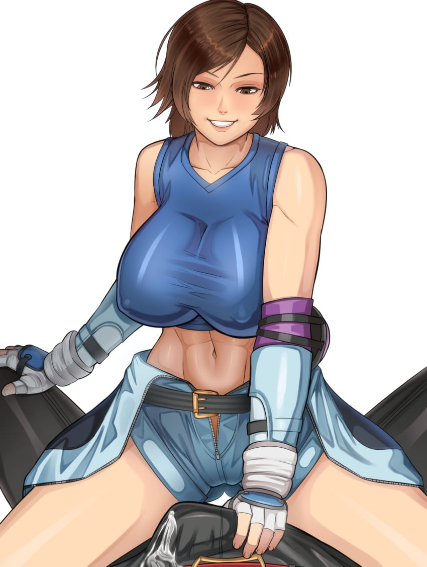 1boy 1girls abs belt big_breasts boots breasts brown_eyes brown_hair bulge_through_clothing clothed cum cum_in_pants cum_through_clothes erodrunky female female_focus gloves grabbing_penis handjob_over_clothes imminent_sex jin_kazama kazama_asuka kazama_jin large_breasts lesseinsanimer male muscular_female nipple_bulge partial_male pov sitting sitting_on_person smile straight tekken thick_thighs toned_female wide_hips