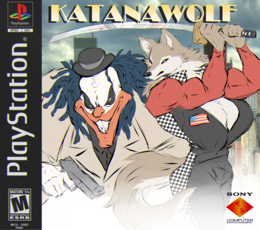 1boy1girl action_pose big_breasts box_art breasts clown dullvivid english_text female furry melee_weapon playstation ranged_weapon sony_corporation