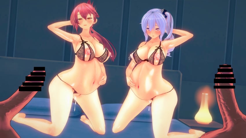 2boys 2girls 3d armpits belly blue_hair claire_rieveldt cum cum_drip eiyuu_densetsu f-m-e-p koikatsu lactation pink_hair pregnant pregnant_belly sara_valestein sen_no_kiseki