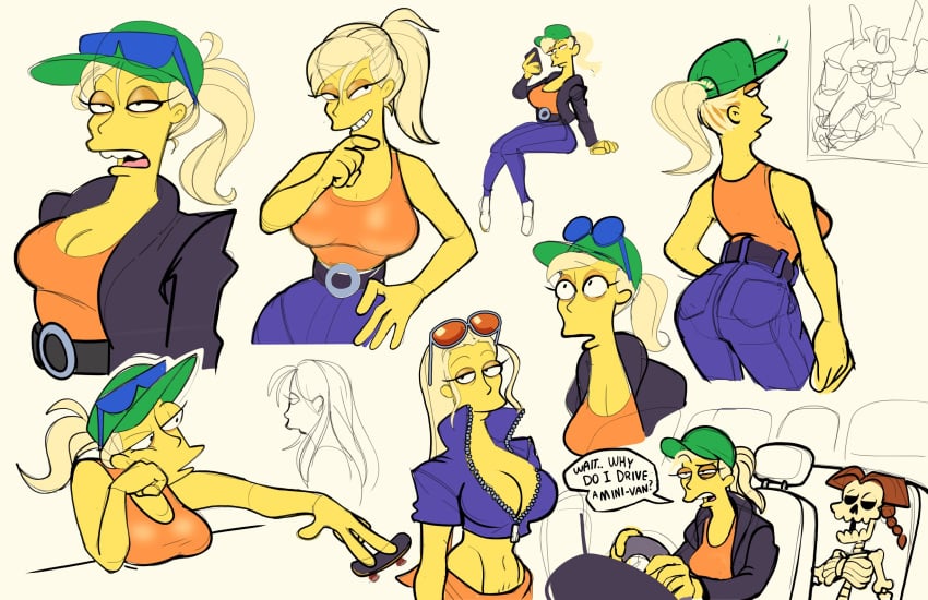 1girls 2023 20th_century_studios 4_fingers accurate_art_style ass big_ass big_breasts blonde_hair breasts cap cleavage comedy corpse cosplay curvy cute denim female female_only funny galactabee gavin's_mom gavin_(the_simpsons) hell_yea_tech_decks huge_breasts humor looking_at_viewer milf mother multiple_girls navel nico_robin_(cosplay) one_piece ponytail post-timeskip single_mom skeleton smile sunglasses sunglasses_on_head tagme tech_deck the_galactabee the_simpsons yellow_body yellow_skin