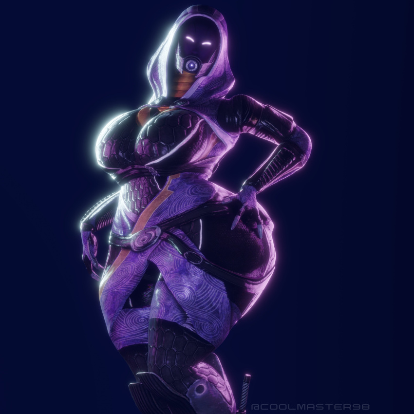 1girls 3d alien alien_girl bioware bodysuit coolmaster98 dark_background female female_only fully_clothed hand_on_hip looking_at_viewer mass_effect quarian solo tali'zorah_nar_rayya wide_hips