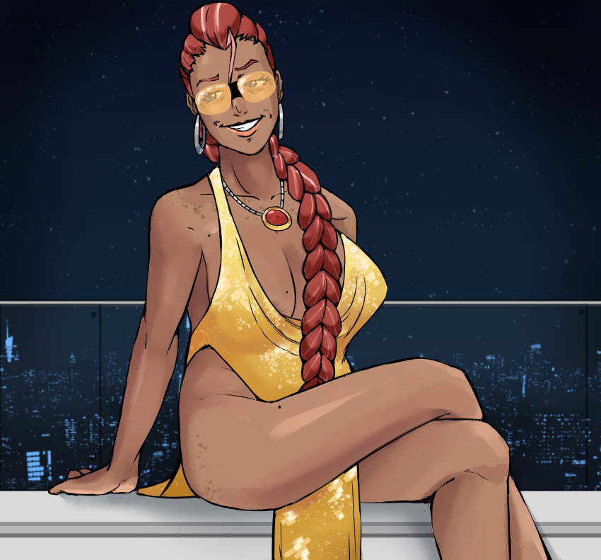 1girls alternate_version_available big_breasts capcom crimson_viper dark-skinned_female dark_skin dress earrings evening_gown female female_only freckles glasses grey_hair hoop_earrings hoop_earrings_oversized mature_female milf necklace orange-tinted_eyewear red_hair sin-buttons_(artist) solo street_fighter sunglasses tinted_eyewear