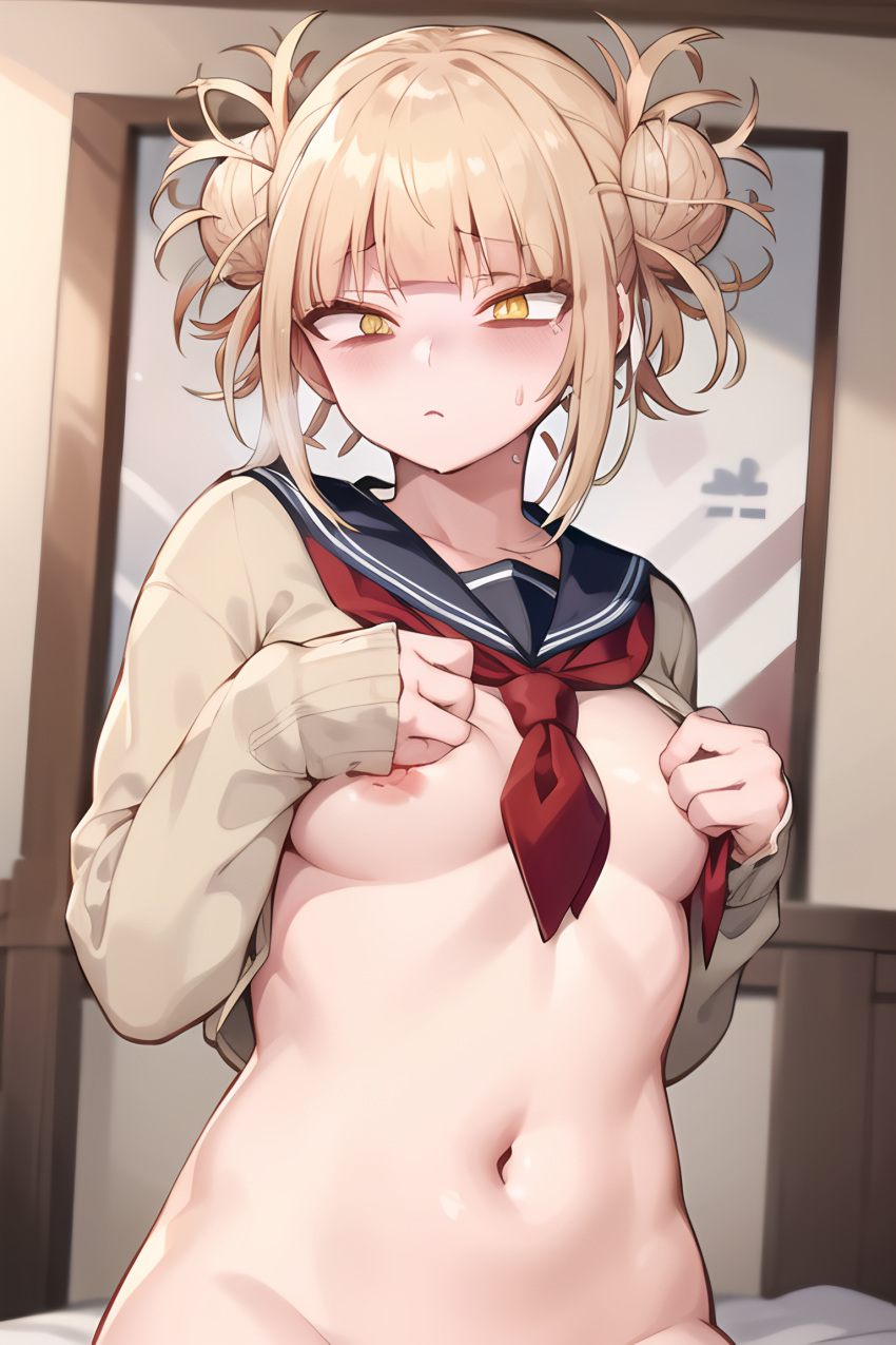 1girls ai_generated arm_behind_back bangs bed bedroom blonde_hair blue_sailor_collar blunt_bangs blush breasts cardigan closed_mouth collarbone double_bun embarrassed female hair_bun himiko_toga indoors long_sleeves looking_at_viewer medium_breasts messy_hair my_hero_academia navel neckerchief ninerniner nipples no_bra on_bed open_cardigan open_clothes red_neckerchief sailor_collar school_uniform serafuku shirt_lift shirt_up short_hair sidelocks sitting sitting_on_bed solo stable_diffusion stomach sweat sweatdrop undressing upper_body window yellow_eyes