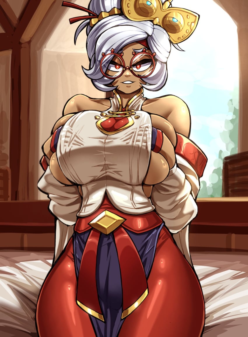 1girls belt big_breasts detailed_background female female_only glasses hand_under_clothes hands_on_breasts hi_res holding_own_breasts inviting inviting_to_sex on_bed orange_eyes purah purah_(tears_of_the_kingdom) red_clothing red_eyes red_glasses red_pants sitting sitting_on_bed smile submissive submissive_female tagme tears_of_the_kingdom the_legend_of_zelda thick_thighs thighs tight_clothing white_coat white_hair white_shirt zzzhodazzz