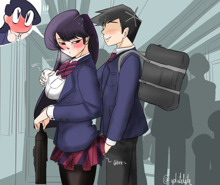 1boy 1boy1girl 1girls artist_name backpack big_breasts black_hair blush blushing_profusely breasts canon_couple clothed clothing english_text eyeless eyeless_male female grope grope_from_behind groping groping_ass groping_breasts groping_butt groping_from_behind groping_through_clothes hand_under_clothes hand_under_skirt heart-shaped_pupils heart_eyes holding_object komi-san_wa_komyushou_desu komi_shouko lplatelets male secretly_loves_it sexual_consent skirt stealth_ass_grab sweat sweatdrop tadano_hitohito text tights twitter_username