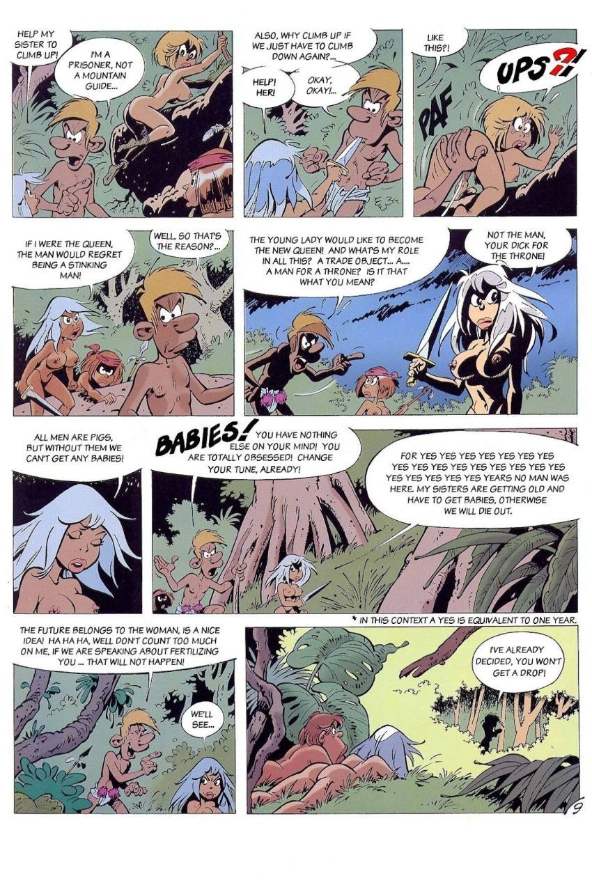 1990s 1999 1boy 20th_century 5girls amazon arguing ass ass_slap blonde_hair boots boots_only breasts brown_hair comic comic_page dialogue gray_hair grey_hair island jungle light-skinned_female light-skinned_male loincloth loincloth_only long_hair naked naked_female naked_male night nipples nude nude_female nude_male page_9 pierre_seron plotting puffball pushing smaller_female sword thong thong_only white_hair