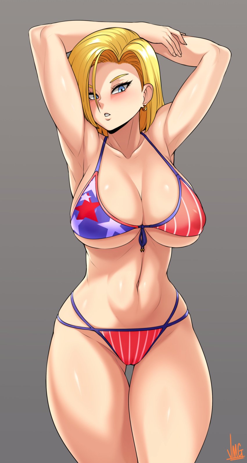 1girls american_flag_bikini android_18 big_breasts bikini blonde_hair blue_eyes bra breasts cleavage cosplay dragon_ball dragon_ball_z female female_only huge_breasts jmg large_breasts miyamoto_musashi_(fate)_(cosplay) nipples solo