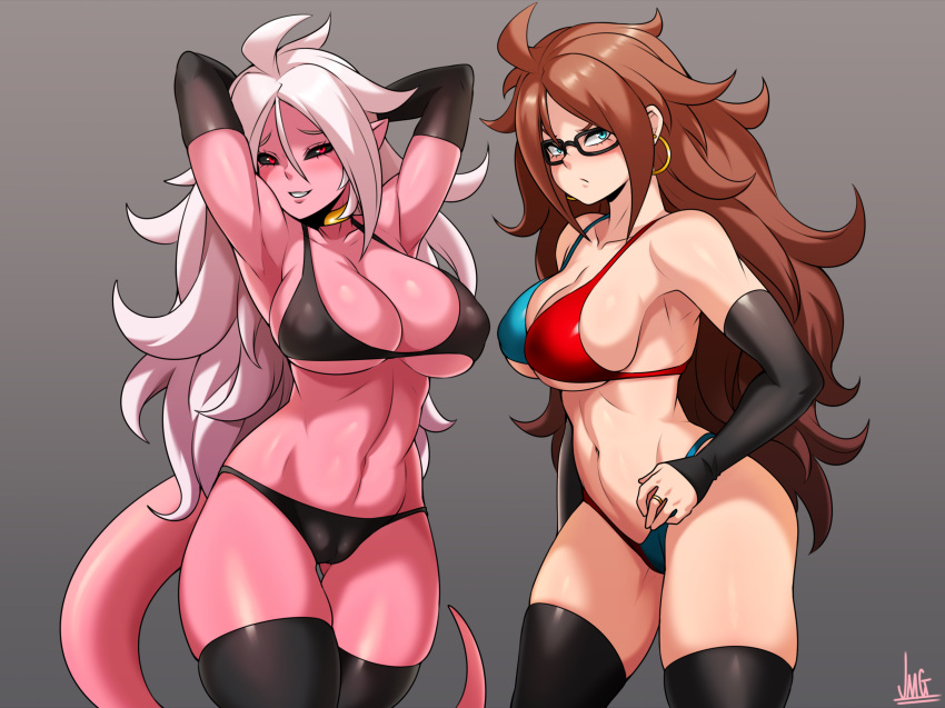 2girls android_21 arms_up big_breasts bikini blue_eyes bra breasts brown_hair cameltoe cleavage dragon_ball dragon_ball_fighterz dragon_ball_z earrings female glasses jmg large_breasts looking_at_viewer majin majin_android_21 nipples panties pink_body pink_skin red_eyes thighhighs white_hair