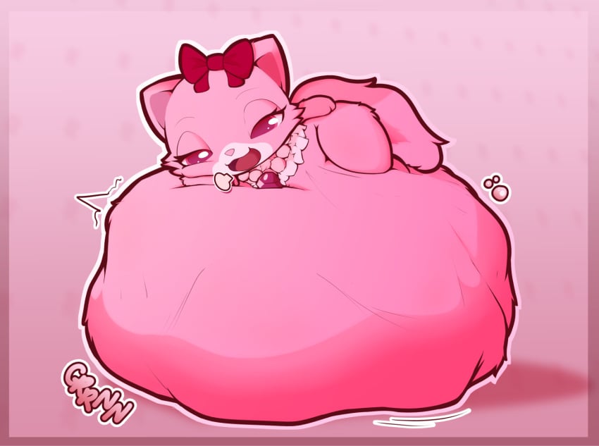 1girls belly_bigger_than_body bow digestion_noises feline furry garnet_(jewelpet) huge_belly hyper_belly jewelpet lying_on_stomach neck_tuft necklace sanrio self_lying simple_background tachidomatte vore vore_belly