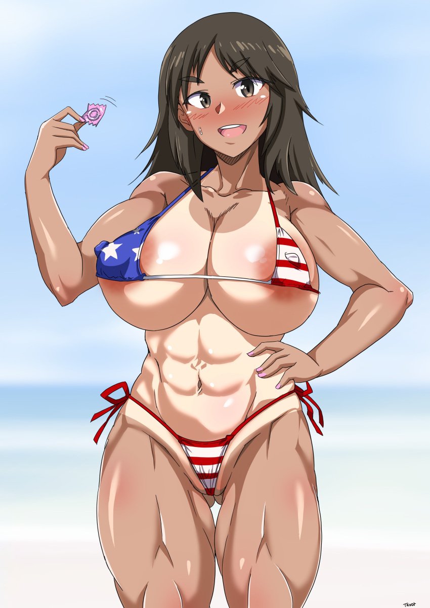 1girls abs american_flag_bikini areola_slip big_breasts bikini breasts busty condom condom_in_hand curvaceous curvy curvy_body curvy_female curvy_figure female girls_und_panzer hand_on_hip huge_breasts large_breasts murakami_(girls_und_panzer) muscular_female partially_visible_vulva solo tanline tavor_(m_tavor) voluptuous