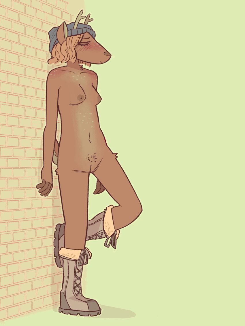 2023 against_surface against_wall anthro beanie blueregardtwo boots breasts brick_wall closed_eyes clothing deer elaine_(blueregardtwo) female footwear genitals hat headgear headwear hi_res laced_boots mammal mostly_nude nipples pussy shoes solo wall_(structure)