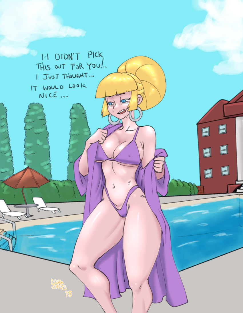 aged_up big_breasts bikini bikini_bottom bikini_top blonde_hair breasts darkeros13 disrobing female female_only gravity_falls older_female outdoor outside pacifica_northwest pool poolside robe smooth_skin solo swimming_pool swimsuit text thedarkeros tsundere