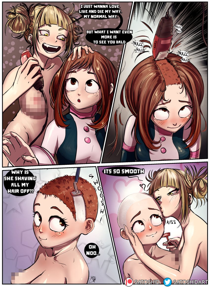 2girls bald bald_female bald_girl bald_woman blonde_hair blonde_hair_female blushing breasts brown_eyes brown_hair censored censored_nipples clippers comic degradation english_text female_only hair hair_fetish haircut headshave himiko_toga humiliation my_hero_academia nude_female ochako_uraraka ochako_uraraka_(hero_outfit) razor razor_blade satoshidart shaved_head shaving shaving_another shaving_head yellow_eyes