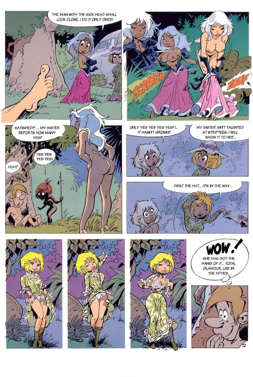 1990s 1999 1boy 20th_century 3girls amazon ass ass_slap barefoot blonde_hair bra breasts brown_hair clothed clothed_female clothed_female_nude_male clothed_male_nude_female comic comic_page dialogue dress dresses flower_hat hat island jungle light-skinned_female light-skinned_male long_hair naked naked_female naked_male nipples nude nude_female nude_male page_12 panties pierre_seron pink_bra short_hair smaller_female spear stripping striptease tearing_clothing torn_dress torned_clothes undressing unshaved_pussy voluptuous voluptuous_female white_hair white_panties