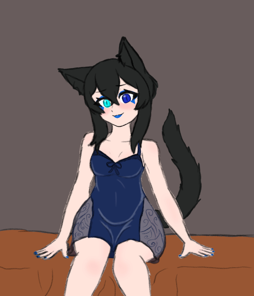 animal_humanoid asian_mythology bakenecro bakeneko black_body black_fur blue_eyes cait_sith_(species) cat_humanoid catgirls domestic_cat east_asian_mythology felid felid_humanoid feline feline_humanoid felis female fur heterochromia hi_res human humanoid japanese_mythology lewdci luci_ferin mammal mammal_humanoid mythology nightgown solo yokai