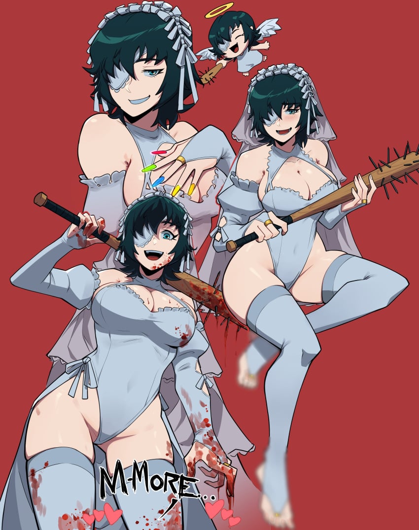 aneurysm.ax bat big_breasts big_thighs black_hair blood blush breasts chainsaw_man cleavage dialogue eye_patch eyepatch female halo heart himeno_(chainsaw_man) leotard short_hair smile smiling solo solo_female text thigh_highs thighhighs thighs weapon wedding_dress white_clothing