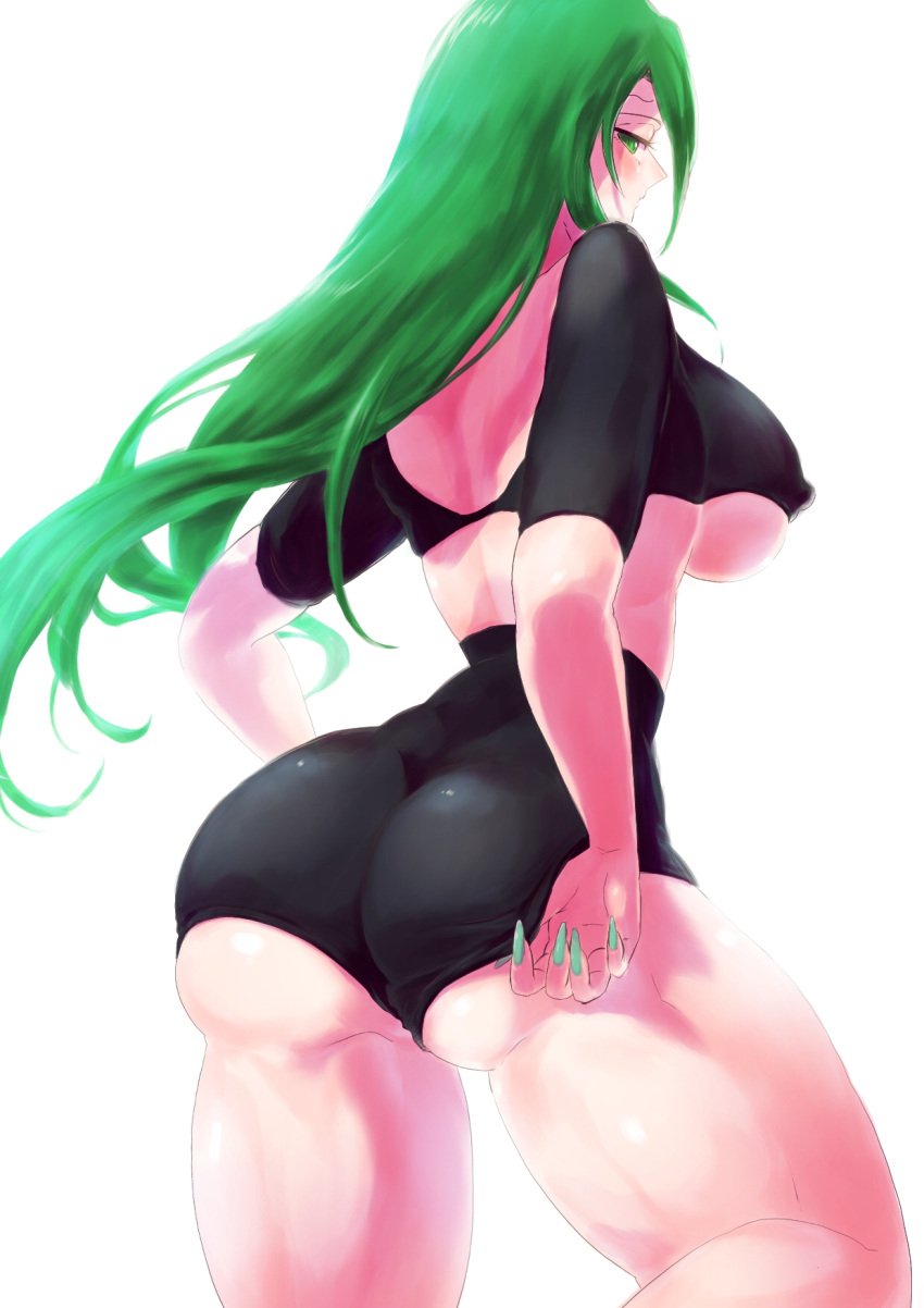 1girls adjusting_clothes annand_(fire_emblem) ass back back_view backless_outfit bare_back bare_thighs breasts covered_nipples female female_only fire_emblem fire_emblem:_genealogy_of_the_holy_war green_eyes green_hair green_nails large_ass large_breasts long_hair long_nails looking_at_viewer looking_back nail_polish nintendo shorts solo ta_dasu_(tadasu_hayashi) thick_thighs thighs underboob very_long_hair