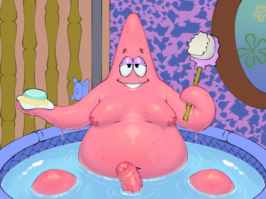 1boy anthro asterozoan bath bathing bathtub bodily_fluids bubble detailed_background dreamscreep dripping echinoderm erection eyebrows fat fat_man funny genital_fluids genitals glistening_body glistening_genitalia glistening_penis hi_res lidded_eyes looking_at_viewer male male_only marine moobs navel nickelodeon nipples nude obese obese_anthro obese_male overweight overweight_anthro overweight_male partially_submerged patrick_star penis precum sitting smile smooth_skin soap solo spongebob_squarepants spongebob_squarepants_(series) starfish toony vein veiny_penis water wet wet_body window