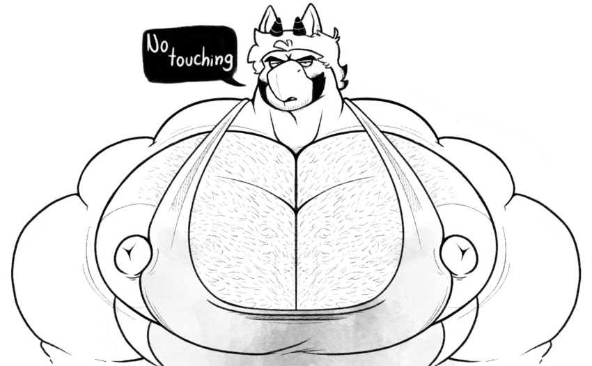 addylizardog anthro avian big_muscles big_nipples body_hair chest_hair denial facial_hair facing_viewer furry gryphon hairy horns huge_pecs looking_at_viewer male male_only muscles muscular muscular_male nipples pecs sean_(addylizardog) shirt solo solo_male tank_top text text_bubble