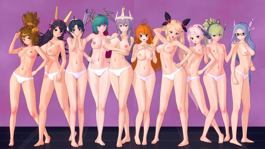 10girls 3d 6+girls arm_between_breasts arm_under_breasts armpits arms_at_sides arms_on_breasts arms_up belly black_eyes black_hair black_nails blonde_hair blue_eyes blue_hair blush brown_hair coppermine_(battle_cats) crown extremely_long_hair feathers firm_breasts flat_chest glasses green_eyes green_hair grey_eyes group_picture hands_on_hips head_in_hands headgear headmistress_jeanne headphones horns huntress_terun kai_(battle_cats) kalisa_(battle_cats) kuu_(battle_cats) large_breasts lilin_(battle_cats) long_hair medium_breasts medium_hair myrcia neutral_expression nyanko_daisensou orange_hair pink_hair posing_for_the_viewer purple_eyes red_eyes sad_face short_hair small_breasts smiling_at_viewer tepobeso the_battle_cats thick_thighs thundia twintails windy_(battle_cats)