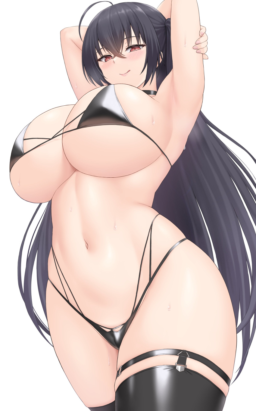 ahoge armpits arms_behind_head arms_up azur_lane bangs bare_shoulders bikini black_bikini black_hair black_legwear black_swimsuit black_thighhighs blush breasts cleavage clothing erect_nipples female female female_only garter high_resolution highleg highleg_bikini highleg_swimsuit huge_breasts legwear long_hair looking_at_viewer navel nipples official_alternate_costume one_side_up race_queen red_eyes sama_samasa smile solo stockings sweat swimsuit taihou_(azur_lane) taihou_(enraptured_companion)_(azur_lane) thighhighs thighs very_high_resolution