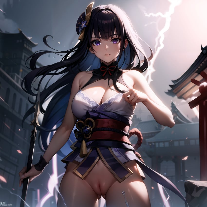 ai_generated architecture bangs bare_shoulders black_hair breasts building castle cityscape cleavage east_asian_architecture female genshin_impact hat holding large_breasts lightning long_hair looking_at_viewer outdoors pagoda petals purple_eyes pussy raiden_shogun solo stable_diffusion town weapon wind