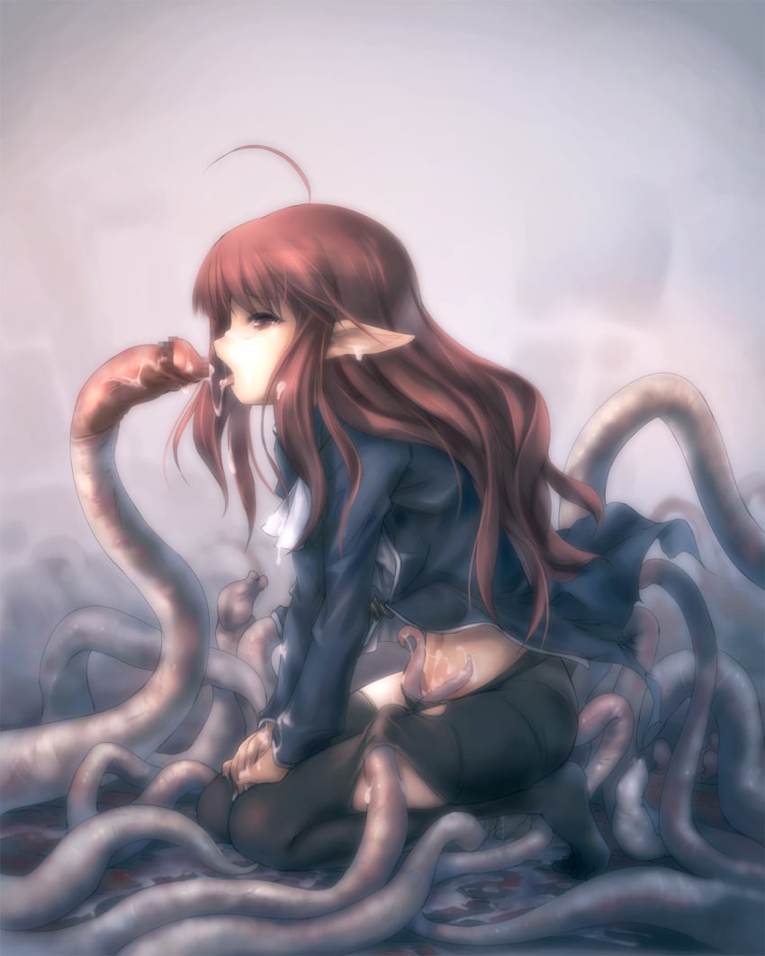 1girls ahoge brown_eyes brown_hair censored character_request clothed_sex clothing consensual_tentacles copyright_request cum cum_in_mouth cum_inside cum_on_face cum_on_tongue elf female highres hitomaru implied_penetration kneeling legs_together long_hair mosaic_censoring open_mouth oral panties pantyhose pantylines penis_tentacles pointy_ears purple_tentacles school_uniform shrine skirt solo tentacle tentacle_under_pantyhose tentacles_under_clothes tongue tongue_out torn_clothes torn_pantyhose