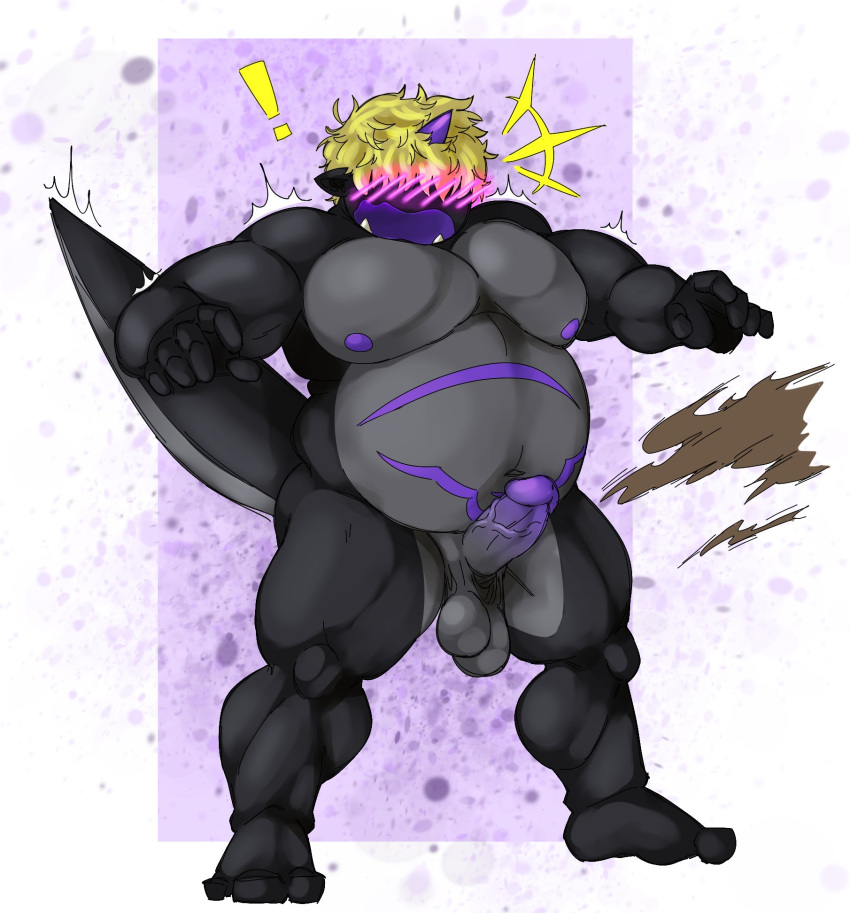 anthro balls belly big_balls big_penis blush blush character_request ear embarrassed erection ghost_bussy hair_covering_face horn male male_only musclegut muscles muscular muscular_male muscular_thighs nipples obscured_eyes pecs penis ripped_clothing scalie solo solo_male surprised thick_thighs