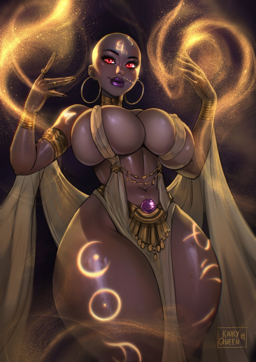 bald_female big_breasts body_markings commission dark-skinned_female dark_skin earrings female female_only glowing_markings golden_earrings golden_necklace golden_ring hi_res jewelry loincloth looking_at_viewer magic magic_user my_kinky_queen purple_lipstick red_eyes ring ring_piercing smiling smiling_at_viewer solo thick_thighs wide_hips