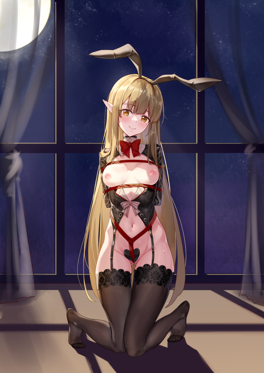 absurdres animal_ears arknights arms_behind_back ass_visible_through_thighs black_hairband black_thighhighs blush bondage bottomless bow bowtie breasts brown_eyes closed_mouth curtains fake_animal_ears female full_moon hairband heart_maebari highres indoors long_sleeves looking_at_viewer maebari moon muelsyse_(arknights) navel night night_sky nipples no_shoes pointy_ears qaq_baiguang rabbit_ears red_bow red_bowtie shibari_over_clothes sky small_breasts smile thighhighs window window_shade