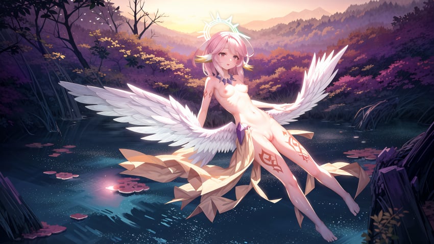 1girl ai_generated angel angel_wings bad_feet bad_hands bare_legs belly_bulge breasts cams feathered_ears feathered_wings female female_only halo heart in_water jibril_(no_game_no_life) kemonomimi medium_hair navel no_game_no_life nude outdoors pink_eyes pink_hair pussy small_breasts solo spead_legs_up stable_diffusion tattoo tattoo_on_legs tentacle tentacles_around tentacles_vaginal trembling water wet_body wings