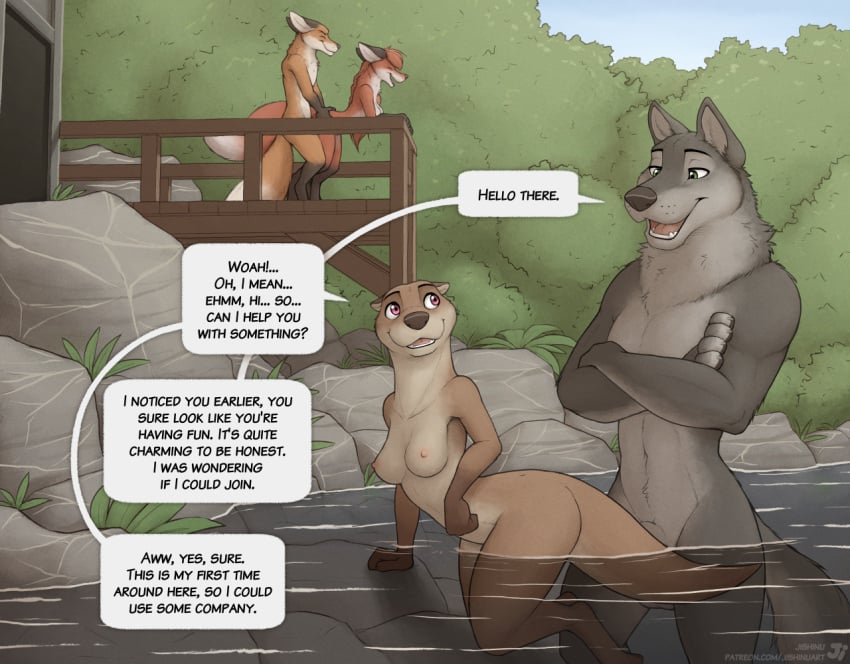 2023 5_fingers ambiguous_penetration animal_genitalia anthro anthro_on_anthro anthro_penetrated anthro_penetrating anthro_penetrating_anthro ass balls black_nose breasts brown_body brown_fur canid canine canis casual casual_nudity comic dialogue duo_focus english_text feet female female_penetrated fingers fox fully_sheathed fur genitals gloves_(marking) grey_body grey_fur group hindpaw humanoid_hands jishinu leg_markings looking_at_another male male/female male_penetrating male_penetrating_female mammal markings multicolored_body multicolored_fur mustelid navel nipples nude one_eye_closed open_mouth open_smile otter outdoor_nudity outdoor_sex outside outside_sex partially_submerged paws penetration penile penile_penetration public public_nudity public_sex red_body red_fur resort river sex sheath smile social_nudity socks_(marking) speech_bubble sunny_(jishinu) teeth text toes tongue two_tone_body two_tone_fur water white_body white_fur wolf