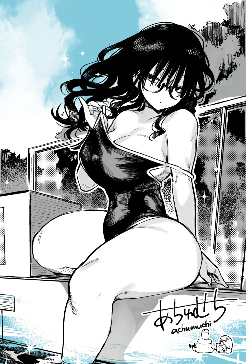 1girls achumuchi ass big_ass black_hair bubble_butt busty curvaceous curves curvy curvy_body curvy_female curvy_figure curvy_hips erotic_x_anabolic glasses hourglass_figure huge_breasts huge_hips huge_thighs mitsukura_itsuha monochrome original original_character solo solo_focus swimsuit thick_thighs voluptuous wide_hips