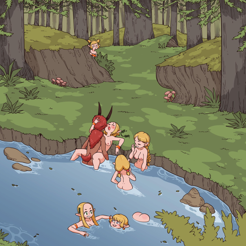 1boy 6girls absurdres ass blonde_hair completely_nude forest goat_tail highres horns laughing light-skinned_female light_skin long_hair missionary multiple_girls mythological_creature nature nuclearwasabi nude nymph original outdoors peeping public_indecency public_nudity red_hair river satyr sex stalking straight swimming watching