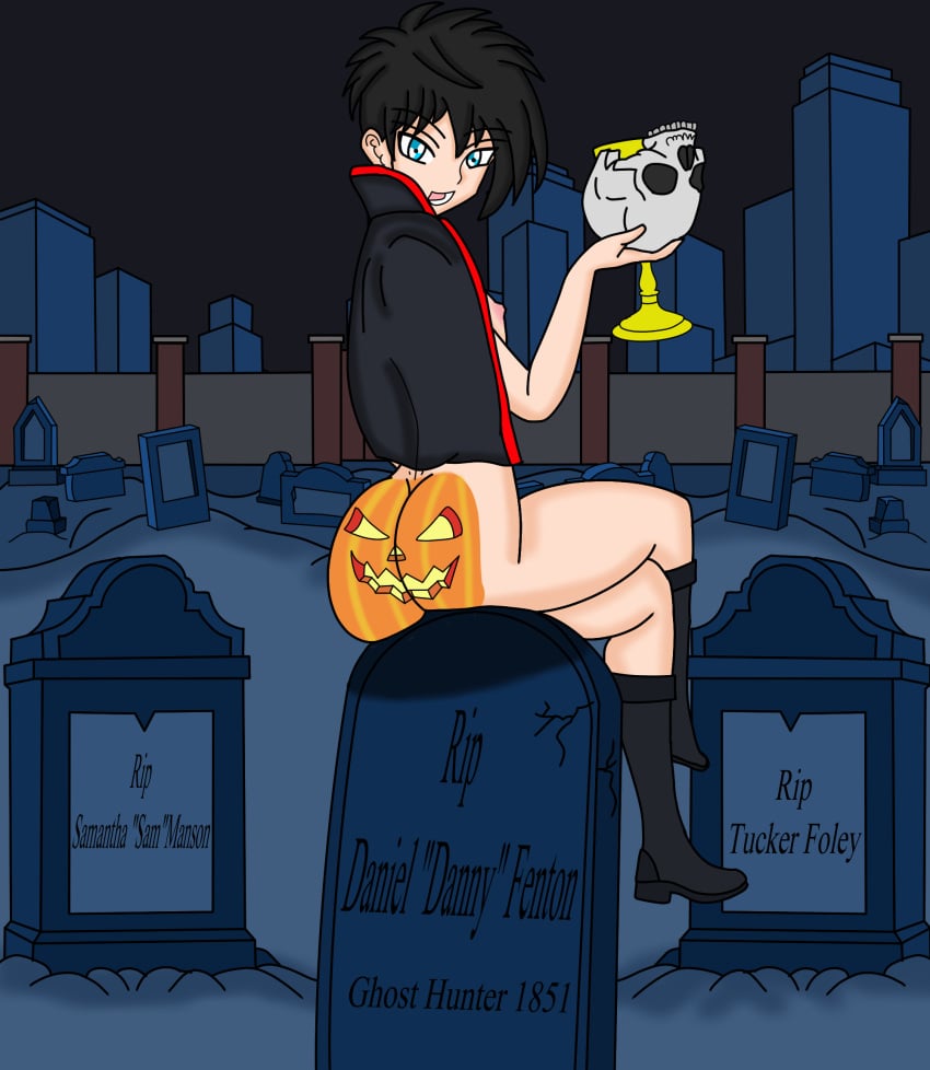 1boy androgynous black_hair blue_eyes boots boots_only bottomless bubble_ass bubble_butt cape commentary_request costume crossed_legs cup danny_fenton danny_phantom ghosthunter1851(artist) graveyard halloween huge_ass jack-o'-lantern male male_only outdoors painted_butt pumpkin pumpkin_butt short_hair sitting sitting_on_chair skull solo tombstone trap vampire