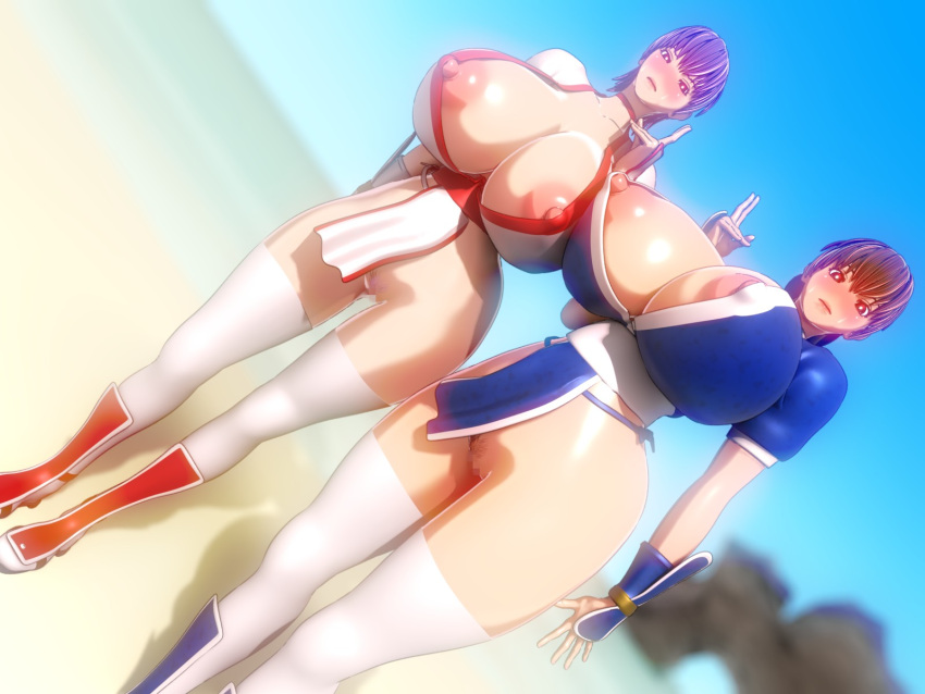 286c 2girls 3d ayane_(doa) big_breasts breasts brown_eyes brown_hair dead_or_alive female female_only hourglass_figure human kasumi_(doa) large_breasts light-skinned_female light_skin long_hair nipple_pull nude nude_female outdoors purple_hair red_eyes short_hair