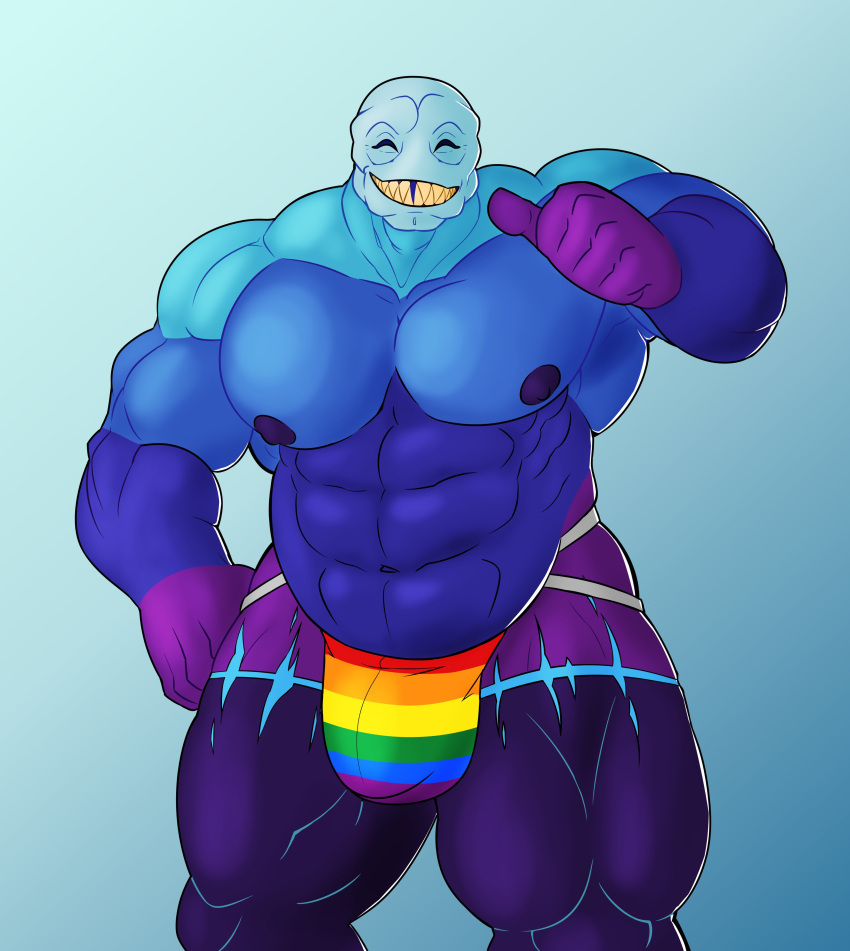 abs akros_(ghost_bussy) big_bulge big_muscles bulge closed_eyes ghost_bussy humanoid jockstrap male male_only monster musclegut muscles muscular muscular_arms muscular_male muscular_thighs pecs pointing_at_self pride_colors rainbow sharp_teeth smile solo solo_male thick_thighs tooth_gap