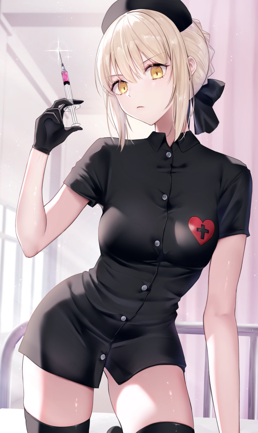 1girls artor artoria_pendragon artoria_pendragon_(alter) blonde_hair breasts fate/grand_order fate_(series) gloves hair_bun hairbow holding_syringe hospital hospital_bed infirmary looking_at_viewer medium_breasts meltymaple needle nurse nurse_cap nurse_uniform saber_alter syringe thighhighs yellow_eyes